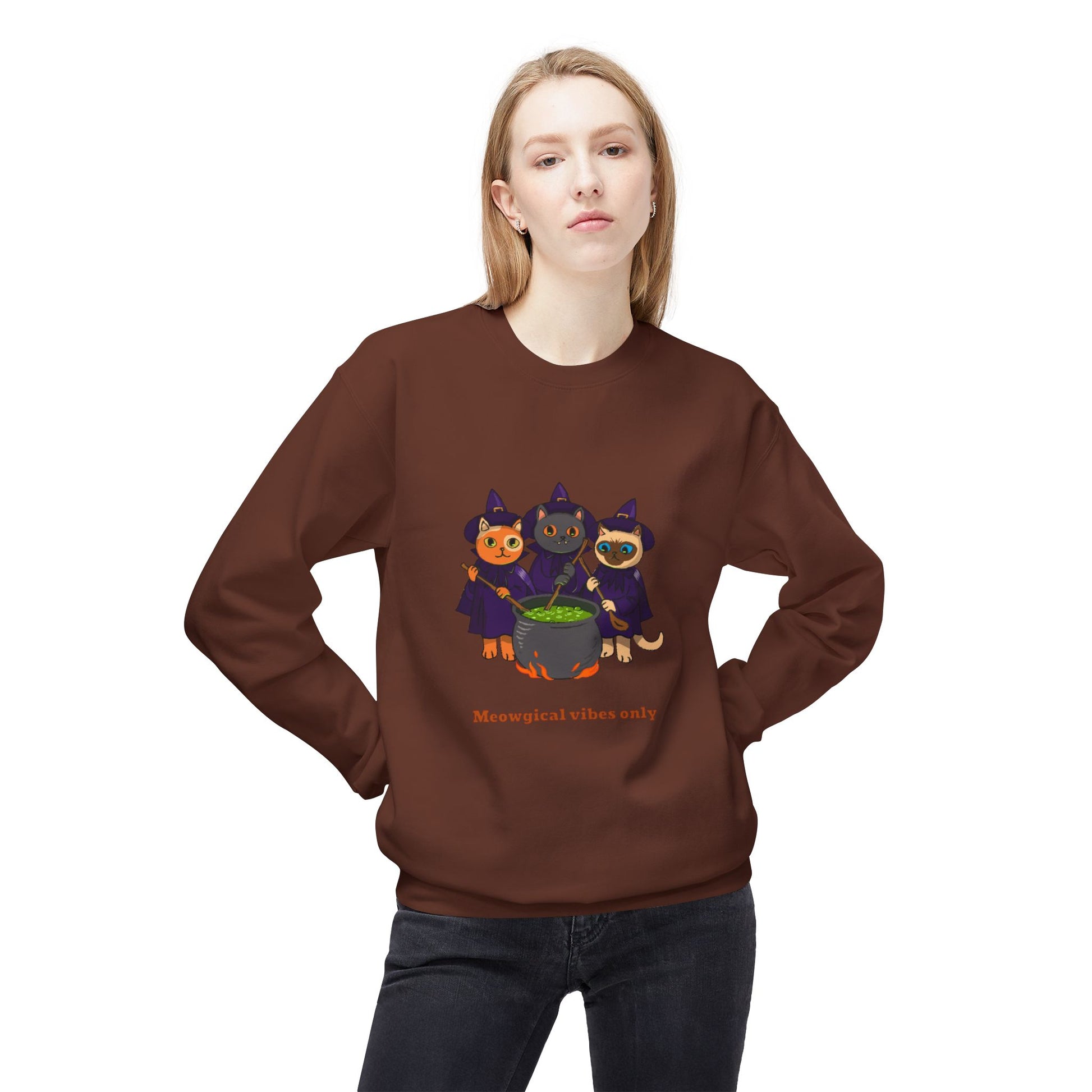 Whimsical Halloween Cat Crewneck Sweatshirt, Cozy Fall Fashion, Pumpkin Spice Sweater, Cute Cat Lovers Gift, Spooky Season Apparel - MaisonThreadory