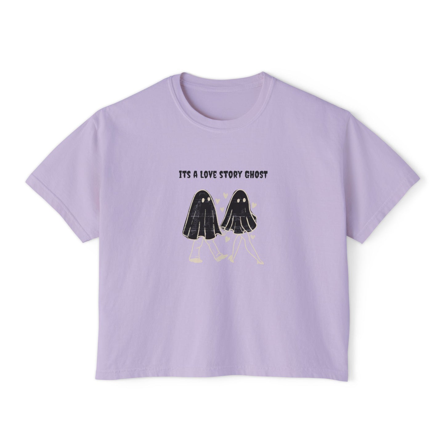 Cute Love Story Ghost Women's Boxy Tee, Fun Casual Top, Halloween Apparel, Gift for Ghost Lovers, Spooky Season Shirt, Relaxed Fit Tee - MaisonThreadory