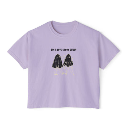 Cute Love Story Ghost Women's Boxy Tee, Fun Casual Top, Halloween Apparel, Gift for Ghost Lovers, Spooky Season Shirt, Relaxed Fit Tee - MaisonThreadory