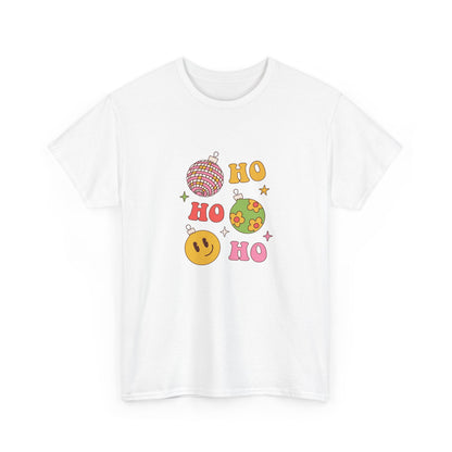 Holiday Ho Ho Ho Graphic Tee — Retro Ornaments & Smiley Face Christmas Shirt