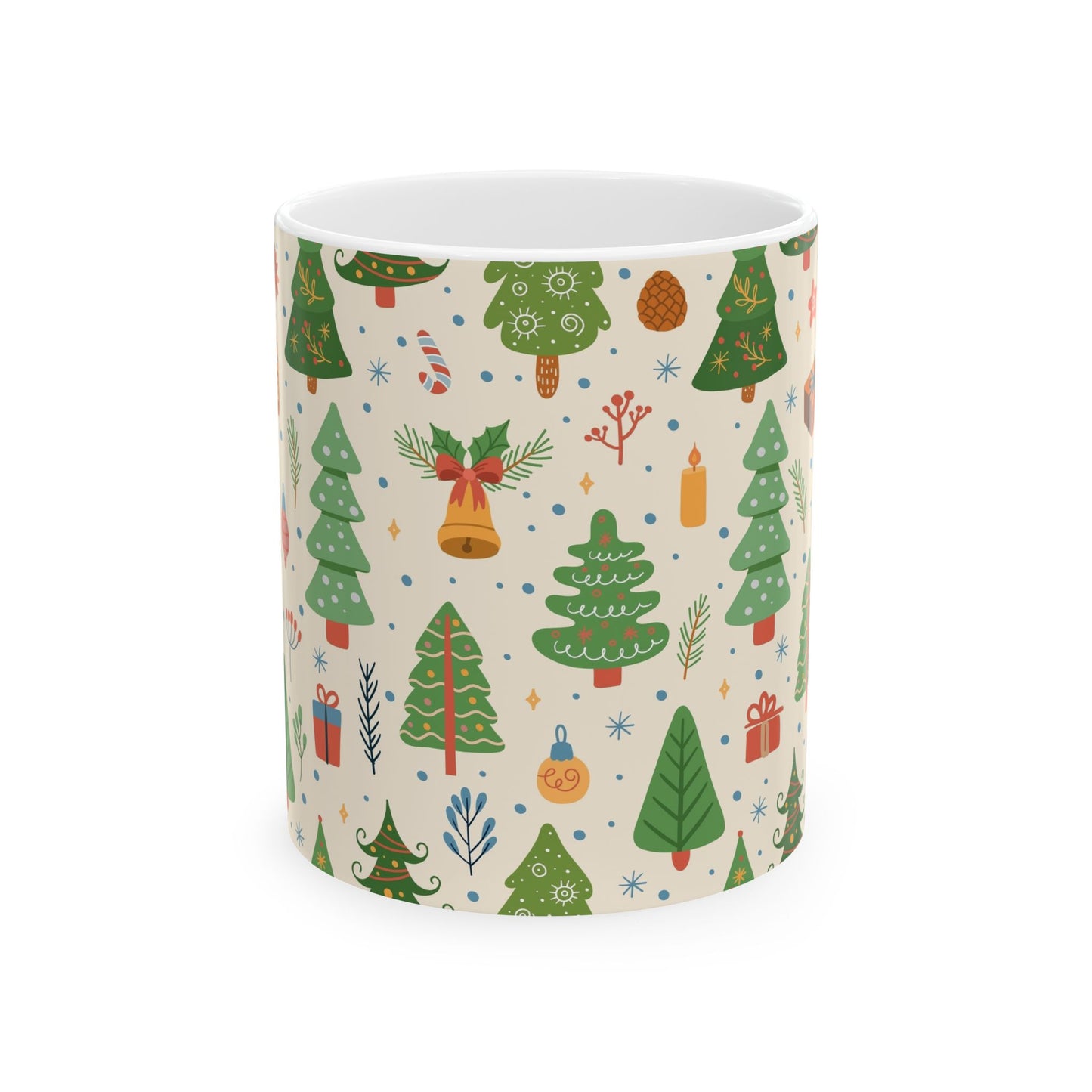 Christmas Trees & Ornaments Ceramic Mug — Festive Holiday Pattern (11oz/15oz)