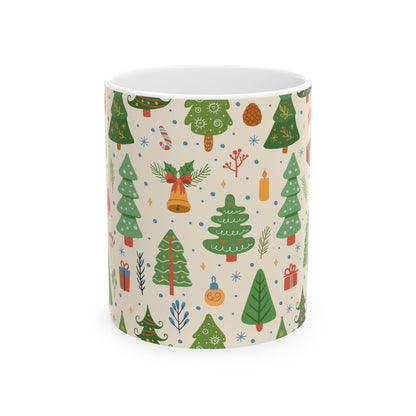 Christmas Trees & Ornaments Ceramic Mug — Festive Holiday Pattern (11oz/15oz)