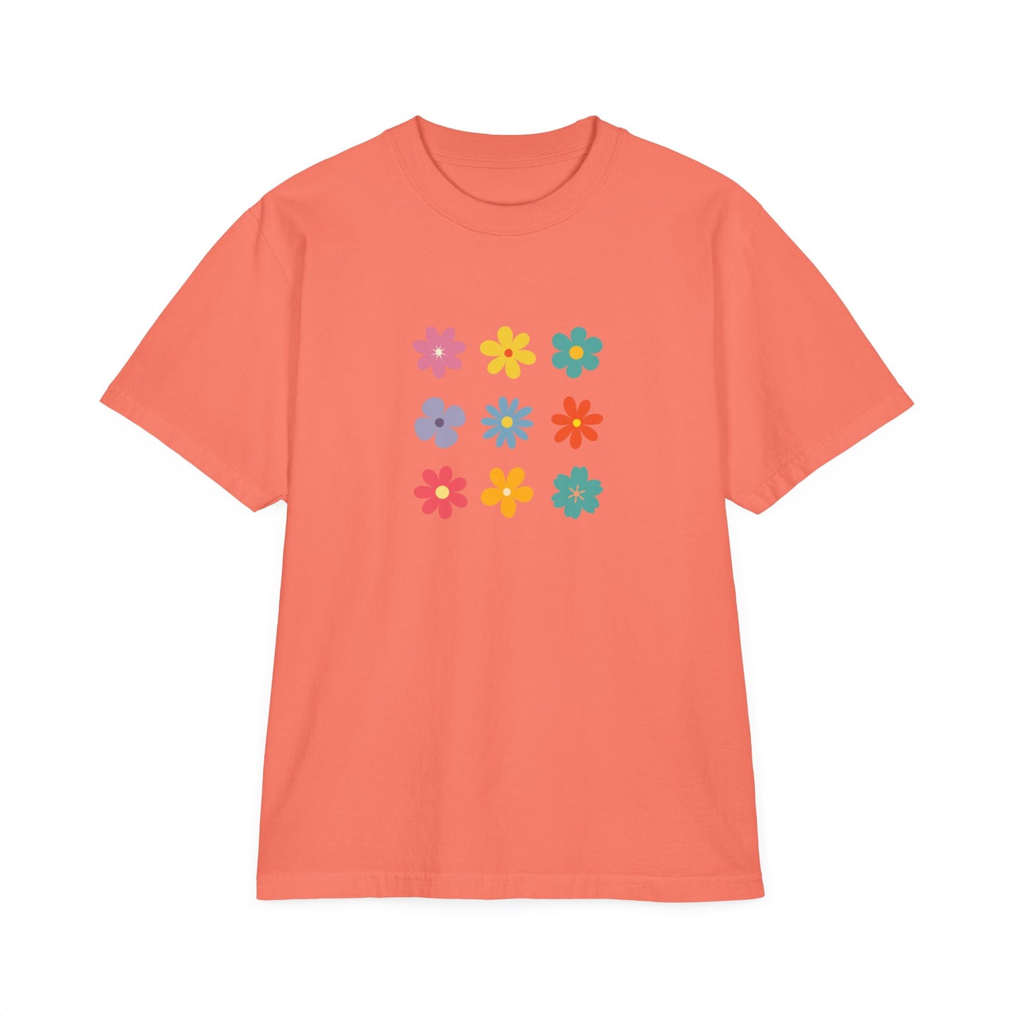 Floral Grid Tee — Colorful Retro Flowers Graphic T-Shirt