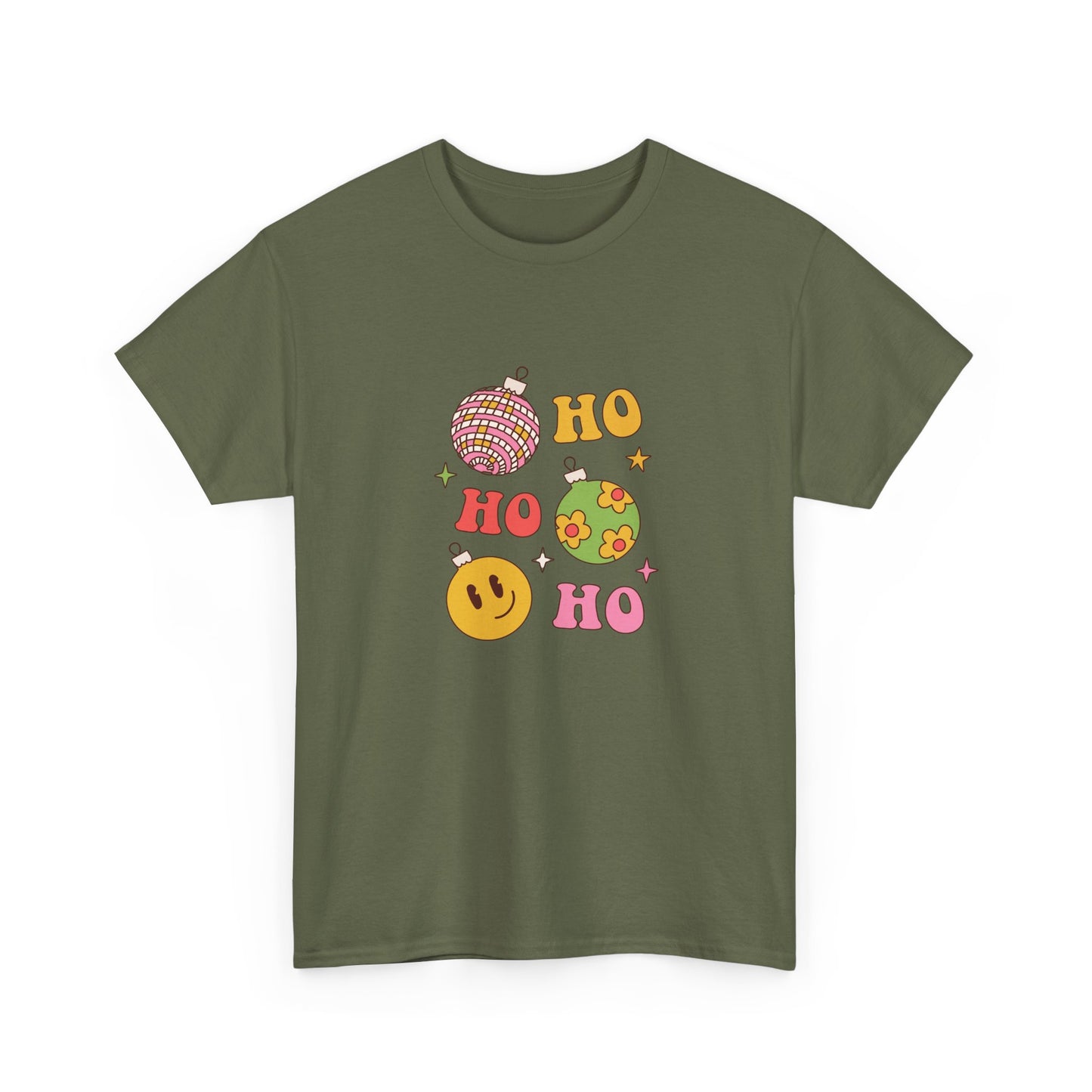 Holiday Ho Ho Ho Graphic Tee — Retro Ornaments & Smiley Face Christmas Shirt