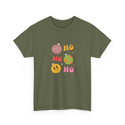 Holiday Ho Ho Ho Graphic Tee — Retro Ornaments & Smiley Face Christmas Shirt