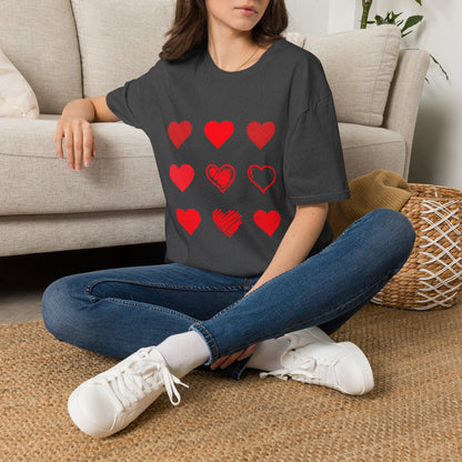 Heart Icons T-Shirt — Red Sketch & Filled Heart Graphic Tee for Valentine’s Day
