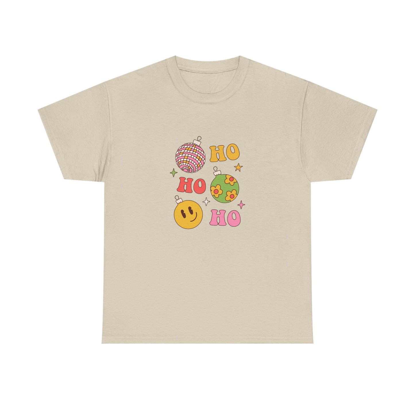 Holiday Ho Ho Ho Graphic Tee — Retro Ornaments & Smiley Face Christmas Shirt