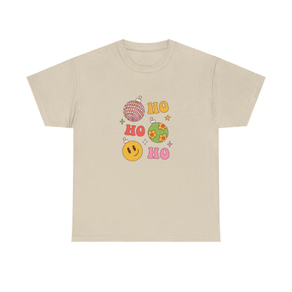 Holiday Ho Ho Ho Graphic Tee — Retro Ornaments & Smiley Face Christmas Shirt