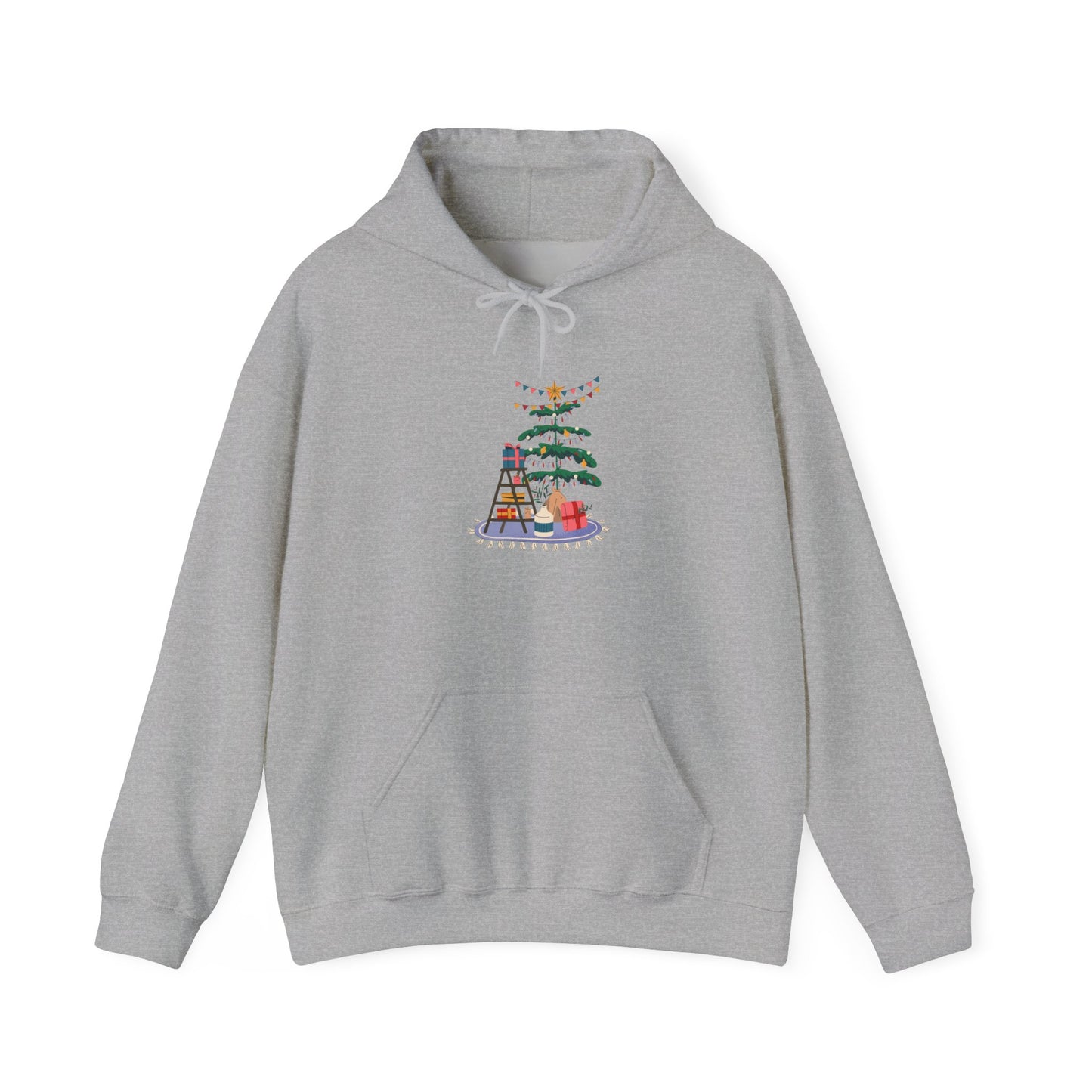 Christmas Tree Decorating Hoodie — Cozy Holiday Scene with Presents & String Lights