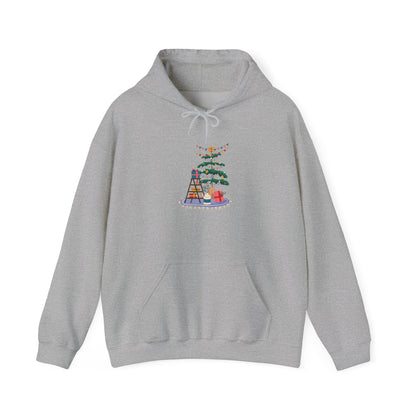 Christmas Tree Decorating Hoodie — Cozy Holiday Scene with Presents & String Lights