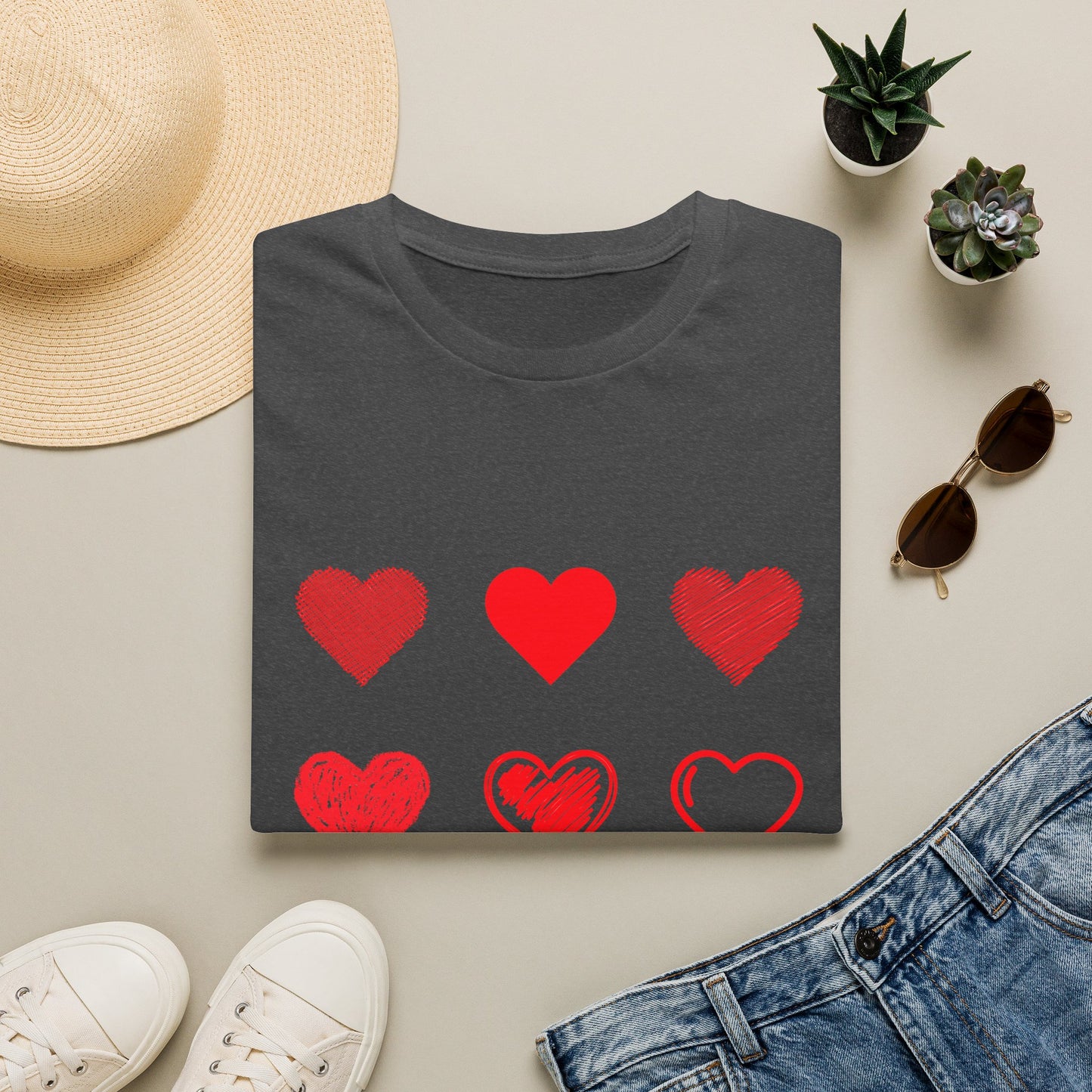 Heart Icons T-Shirt — Red Sketch & Filled Heart Graphic Tee for Valentine’s Day
