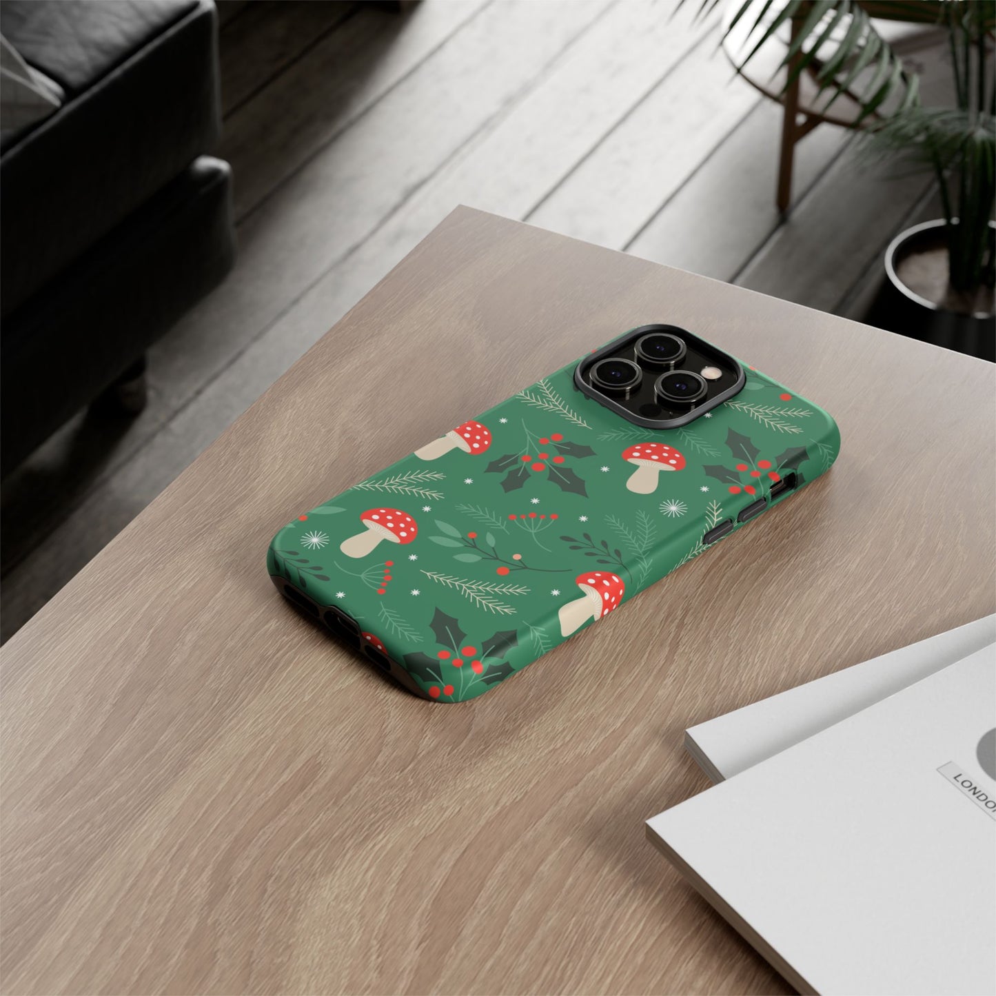 Festive Mushroom Phone Case, Colorful Holiday Case, Christmas Gift, Winter Vibes, Eco-Friendly Phone Cover