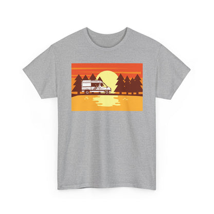 Retro Sunset Camper Unisex Heavy Cotton Tee, Vintage T-Shirt, Camping Apparel, Summer Shirt, Gift for Travel Lovers - MaisonThreadory