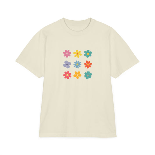 Floral Grid Tee — Colorful Retro Flowers Graphic T-Shirt