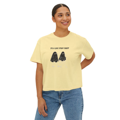 Cute Love Story Ghost Women's Boxy Tee, Fun Casual Top, Halloween Apparel, Gift for Ghost Lovers, Spooky Season Shirt, Relaxed Fit Tee - MaisonThreadory