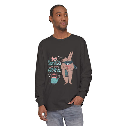 Hey Santa I’ve Been Good Long Sleeve T-Shirt — Cute Bunny Christmas Holiday Top