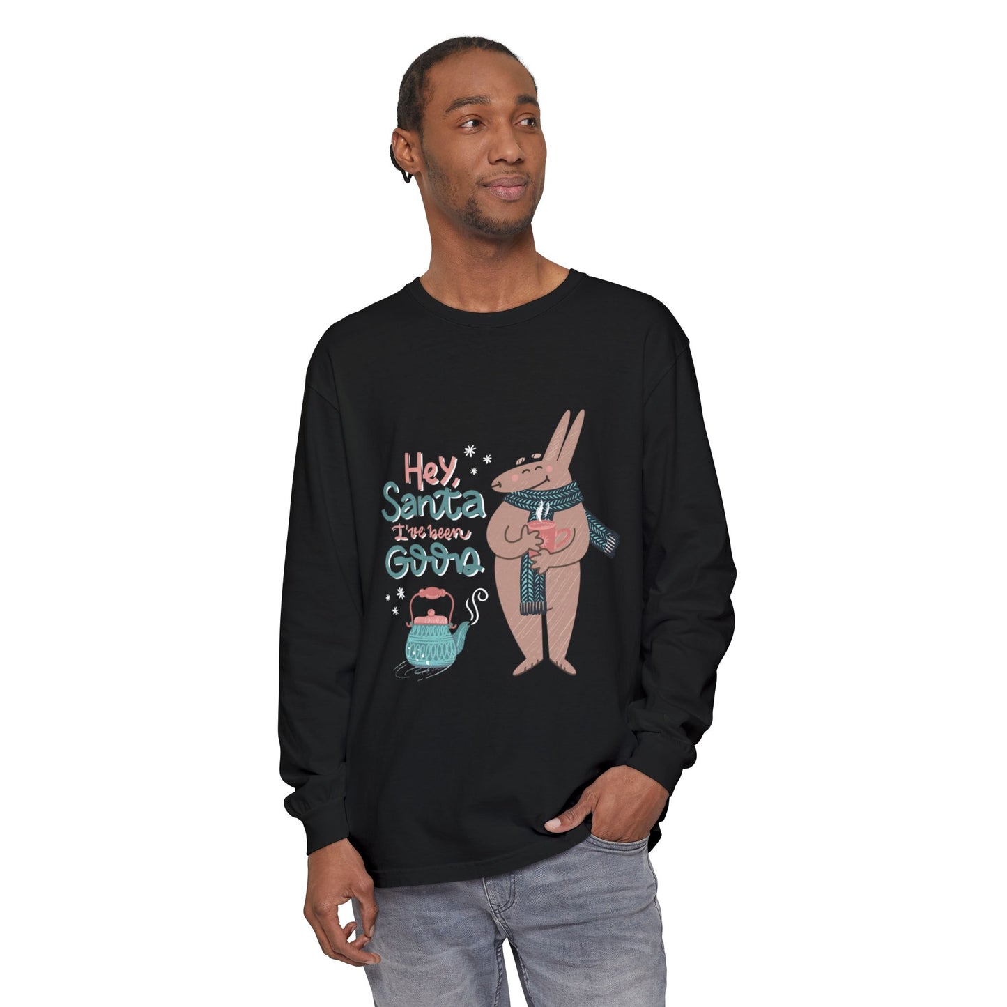 Hey Santa I’ve Been Good Long Sleeve T-Shirt — Cute Bunny Christmas Holiday Top