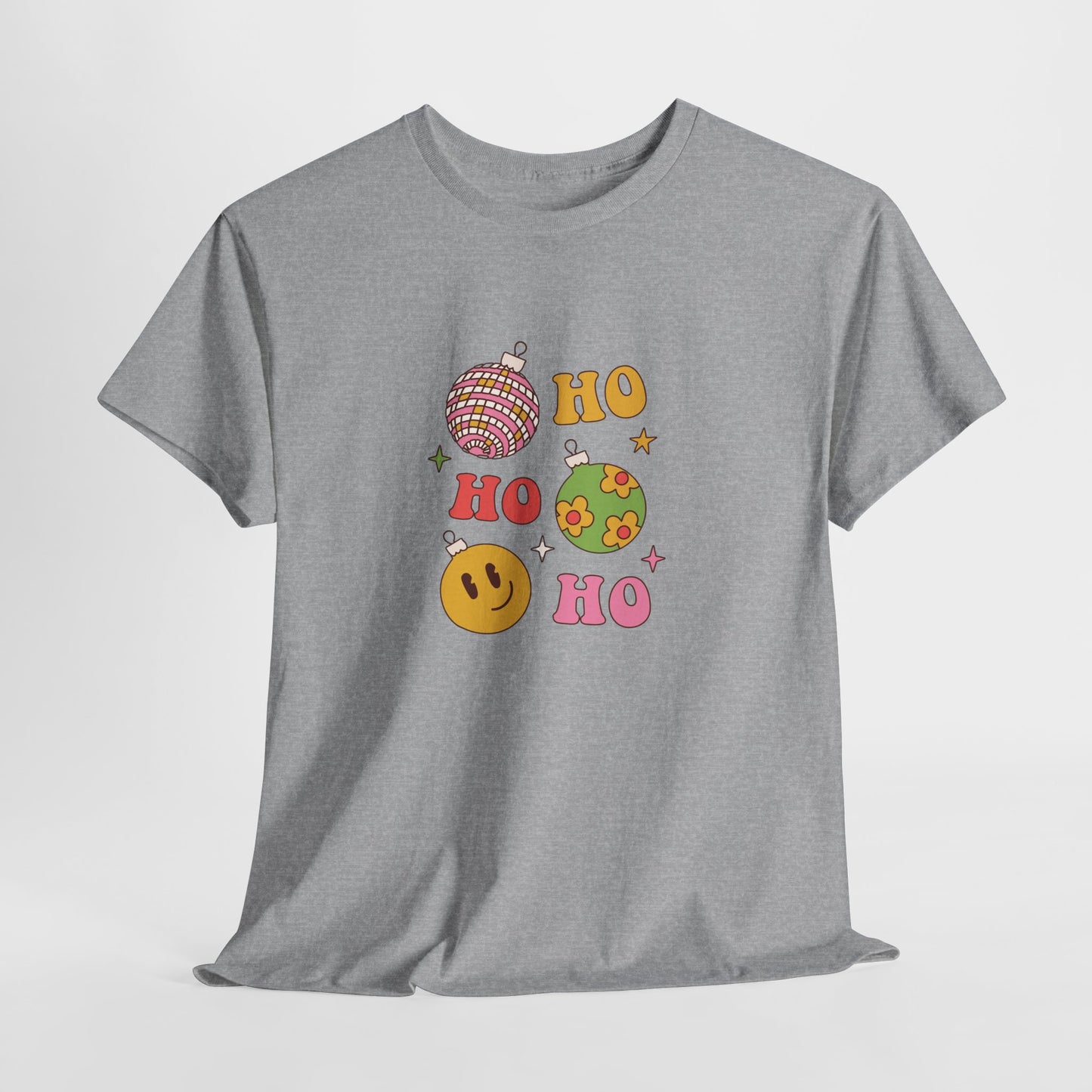 Holiday Ho Ho Ho Graphic Tee — Retro Ornaments & Smiley Face Christmas Shirt