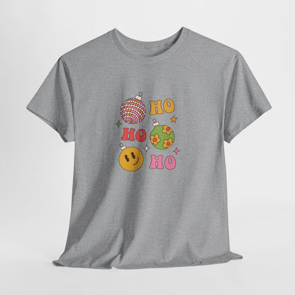 Holiday Ho Ho Ho Graphic Tee — Retro Ornaments & Smiley Face Christmas Shirt