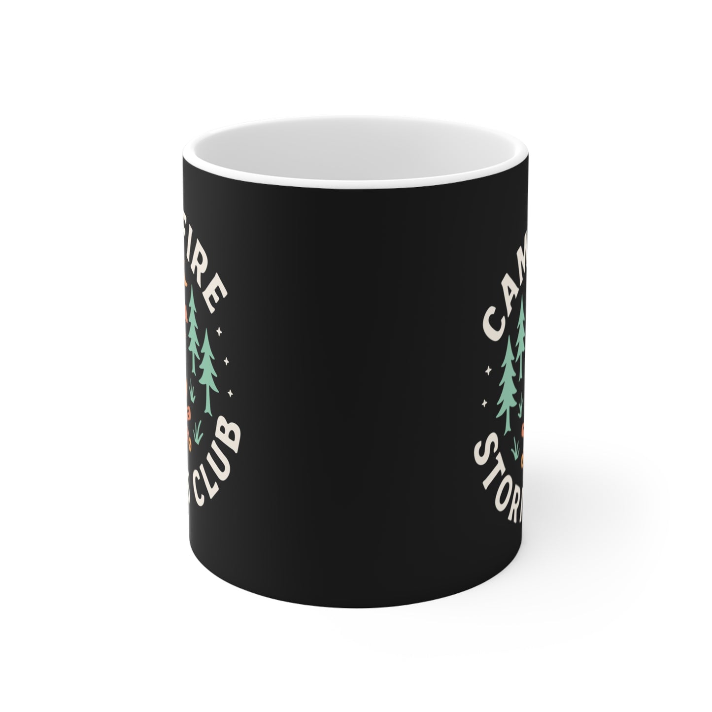 Campfire Stories Club Mug — Outdoor Camping Coffee Cup with Bear & Trees Design