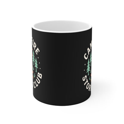 Campfire Stories Club Mug — Outdoor Camping Coffee Cup with Bear & Trees Design