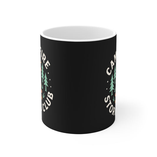Campfire Stories Club Mug — Outdoor Camping Coffee Cup with Bear & Trees Design