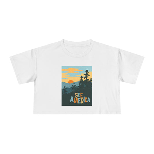 See America Women's Crop Tee, Nature Lover Shirt, Travel Enthusiast Gift, Summer Outfit, Adventure Apparel, Outdoor Style Tee