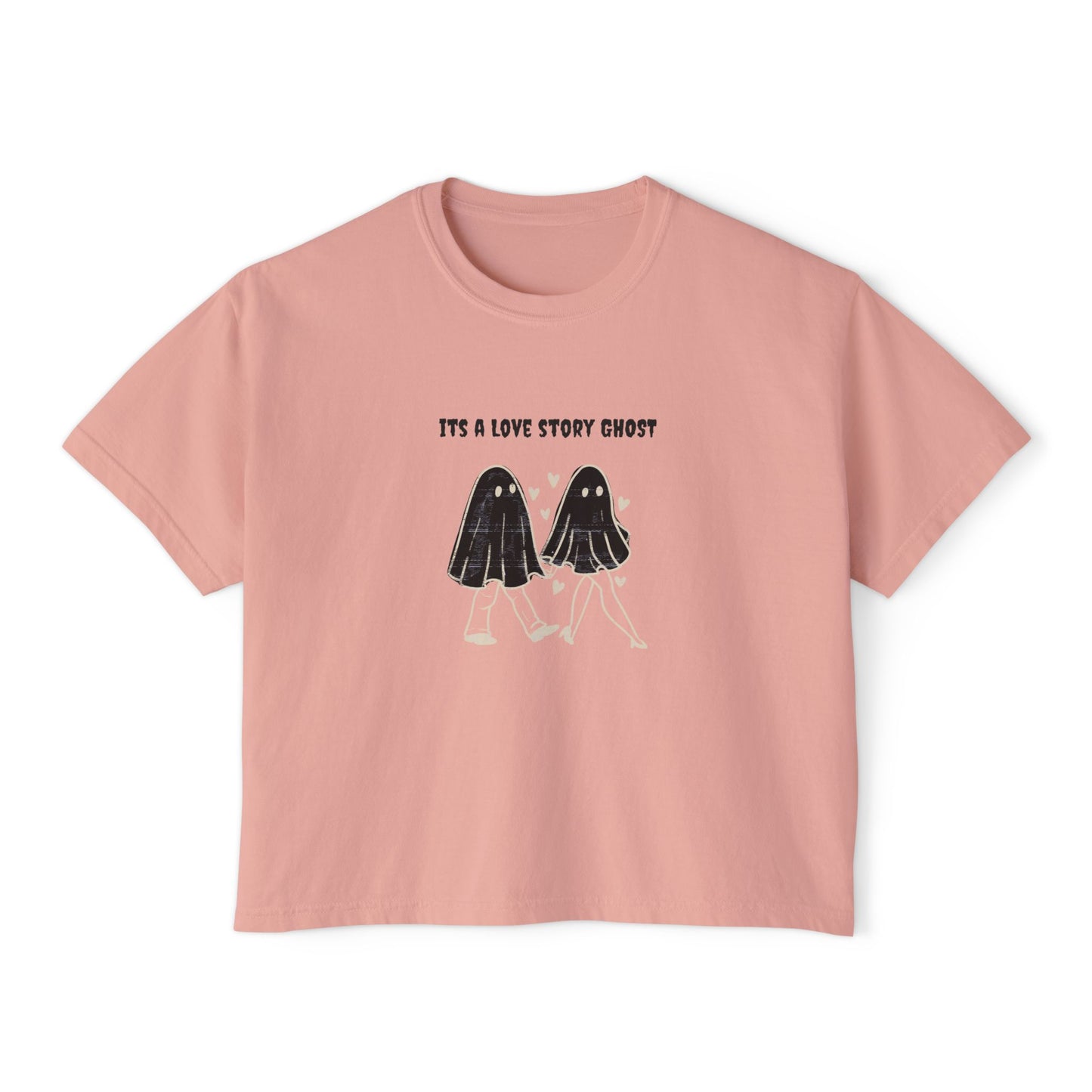 Cute Love Story Ghost Women's Boxy Tee, Fun Casual Top, Halloween Apparel, Gift for Ghost Lovers, Spooky Season Shirt, Relaxed Fit Tee - MaisonThreadory