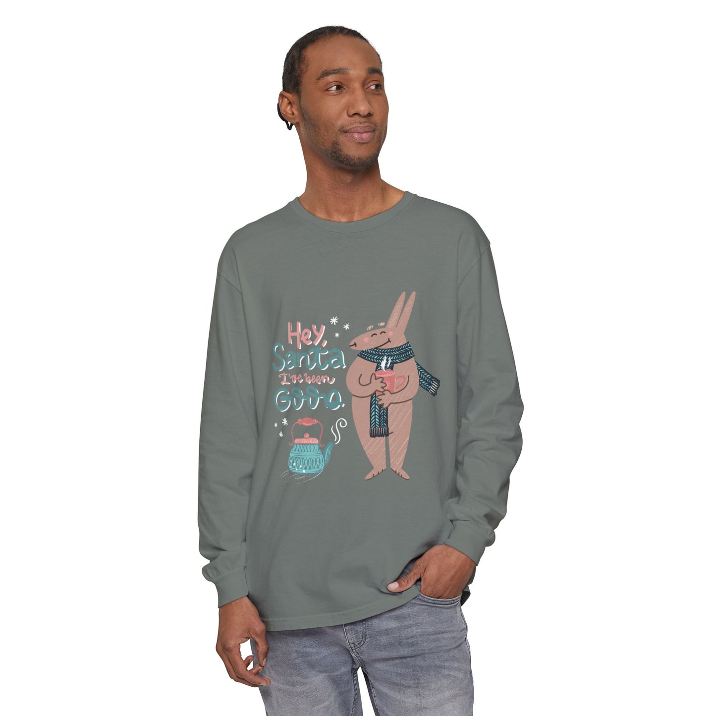 Hey Santa I’ve Been Good Long Sleeve T-Shirt — Cute Bunny Christmas Holiday Top