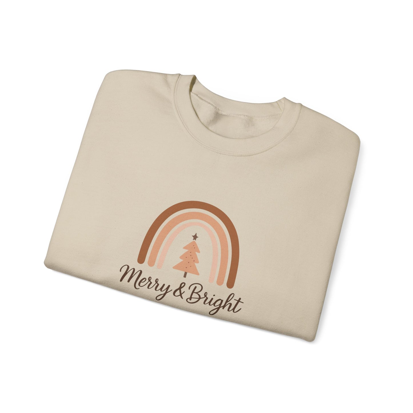 Merry & Bright Christmas Crewneck Sweatshirt — Neutral Rainbow Holiday Sweatshirt
