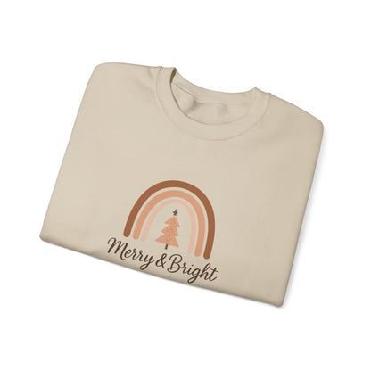 Merry & Bright Christmas Crewneck Sweatshirt — Neutral Rainbow Holiday Sweatshirt