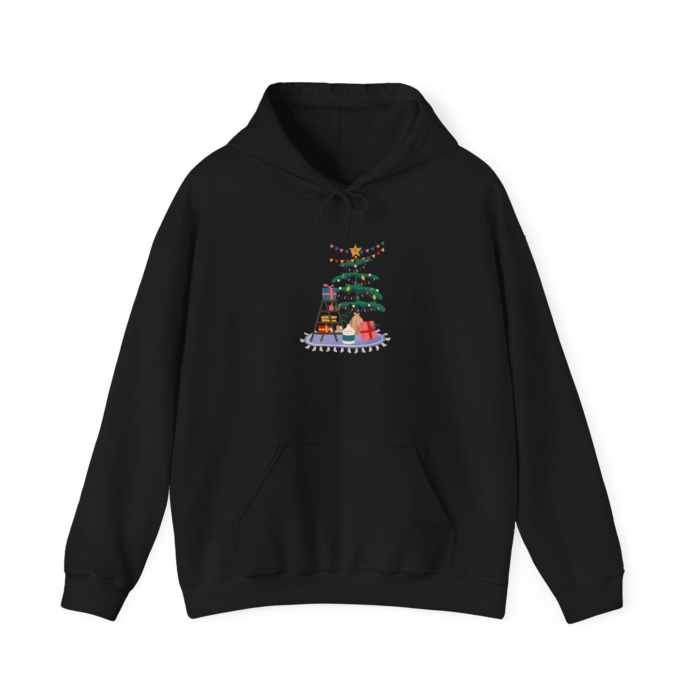 Christmas Tree Decorating Hoodie — Cozy Holiday Scene with Presents & String Lights