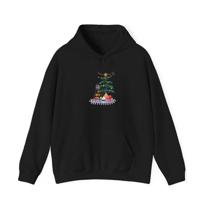 Christmas Tree Decorating Hoodie — Cozy Holiday Scene with Presents & String Lights