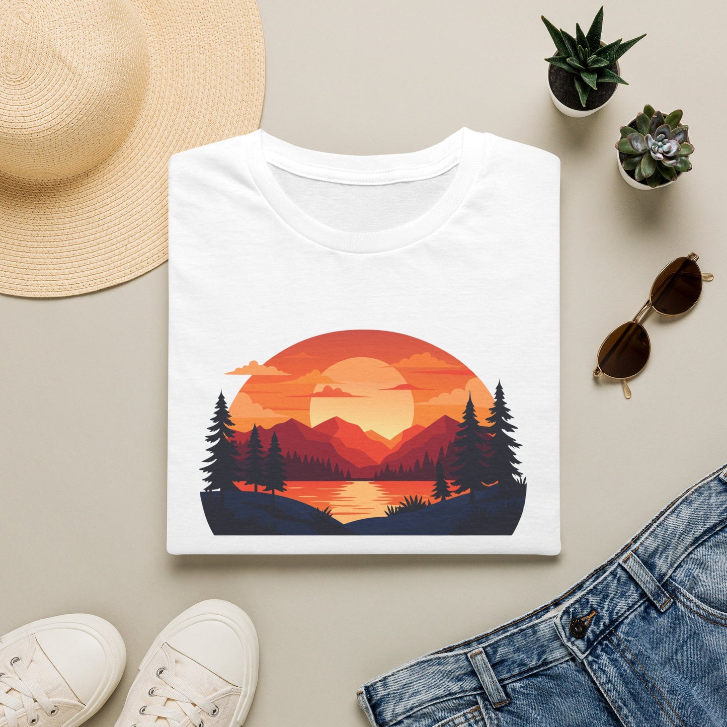 Sunset Mountain Lake T-Shirt — Retro Nature Graphic Tee for Outdoors Lovers