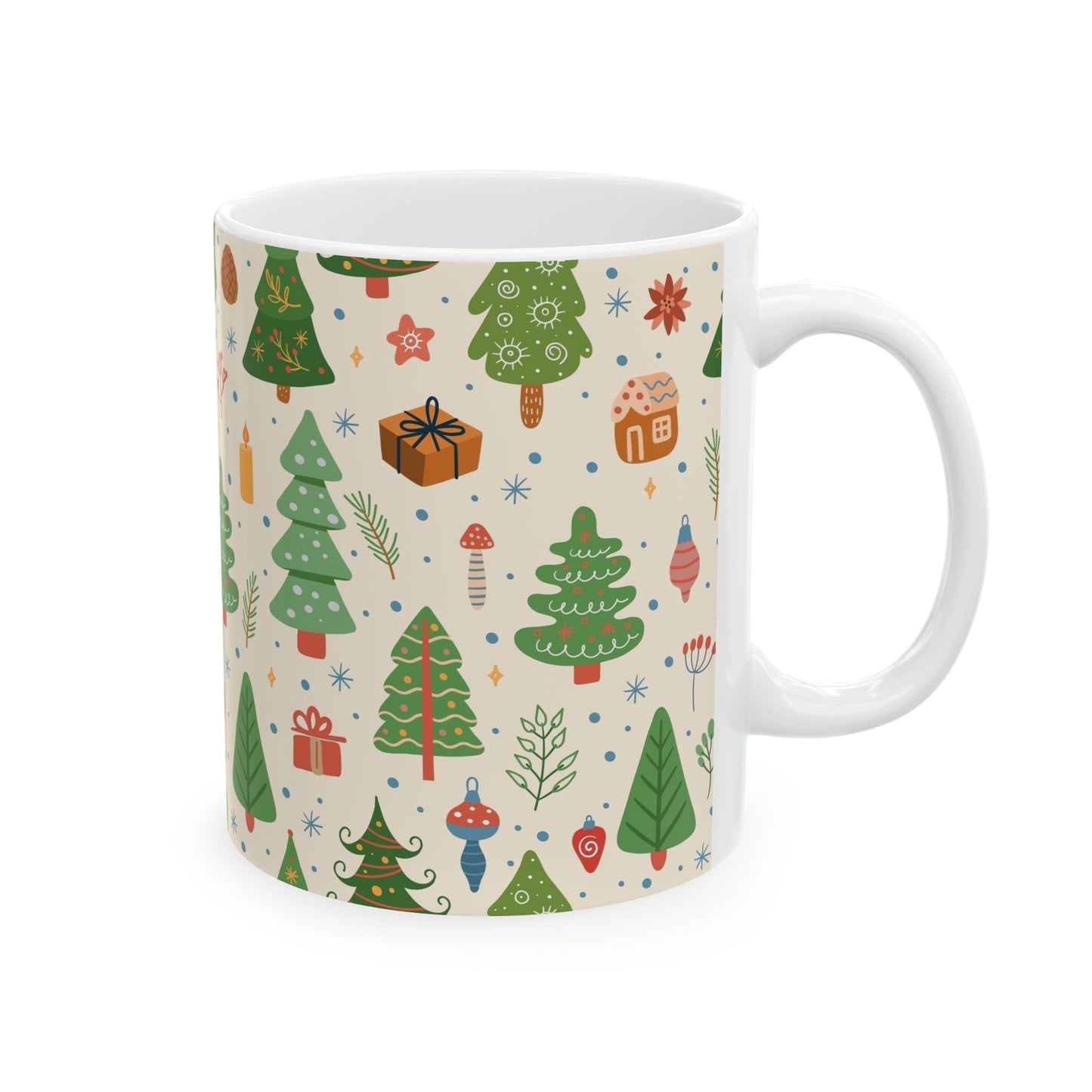 Christmas Trees & Ornaments Ceramic Mug — Festive Holiday Pattern (11oz/15oz)