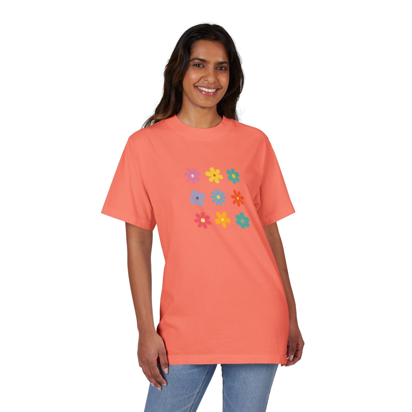 Floral Grid Tee — Colorful Retro Flowers Graphic T-Shirt