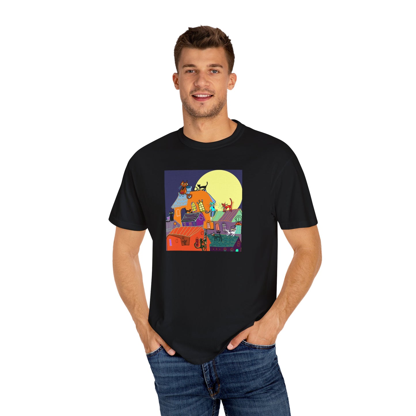 Moonlit Canine Adventure T-Shirt, Unisex Dog Lover Tee, Garment-Dyed Graphic Top, Pet-Themed Gift, Casual Wear
