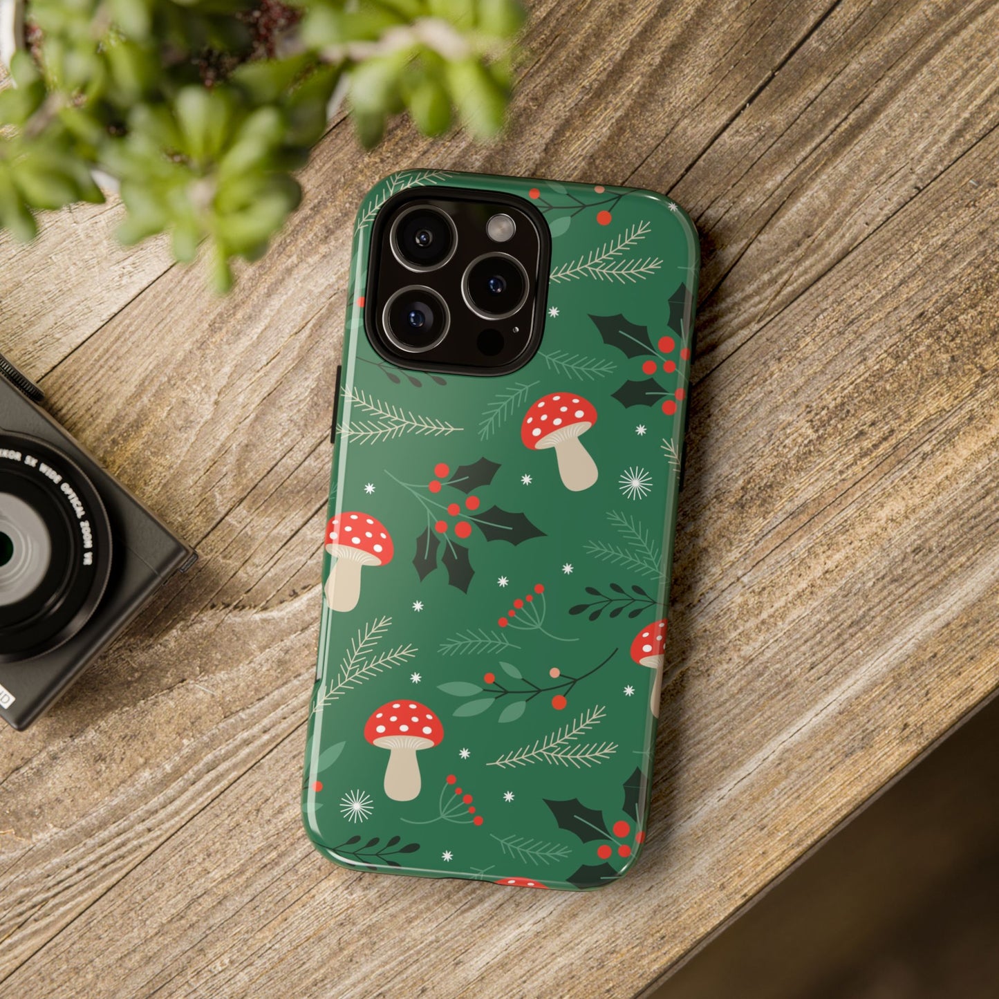 Festive Mushroom Phone Case, Colorful Holiday Case, Christmas Gift, Winter Vibes, Eco-Friendly Phone Cover