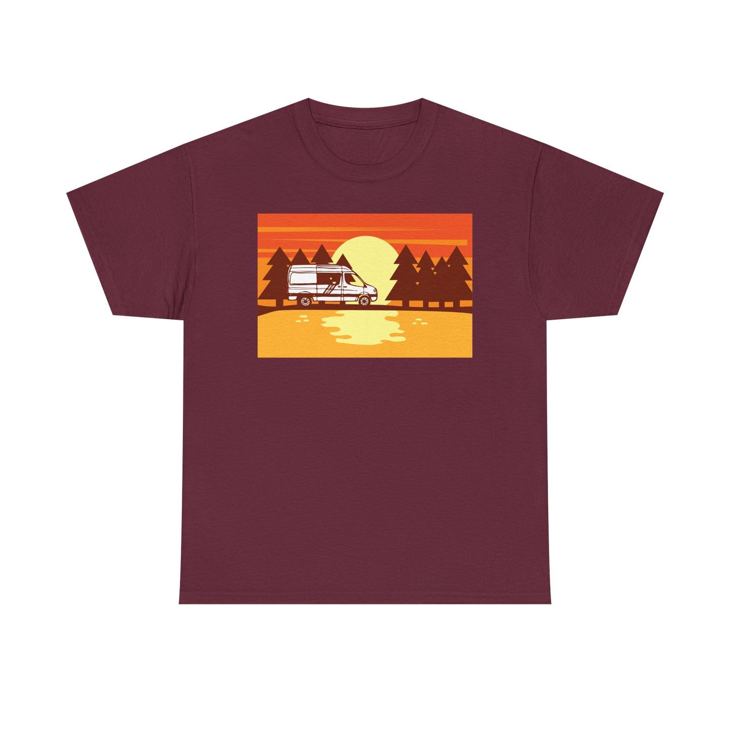 Retro Sunset Camper Unisex Heavy Cotton Tee, Vintage T-Shirt, Camping Apparel, Summer Shirt, Gift for Travel Lovers - MaisonThreadory