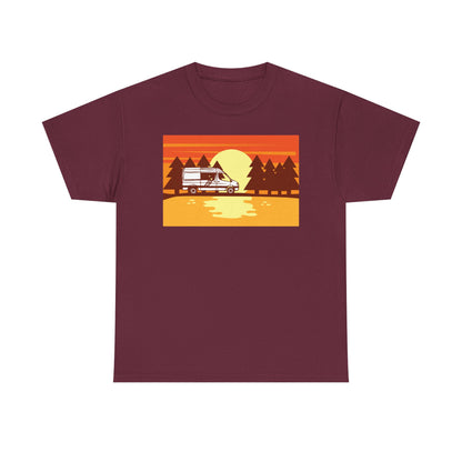 Retro Sunset Camper Unisex Heavy Cotton Tee, Vintage T-Shirt, Camping Apparel, Summer Shirt, Gift for Travel Lovers - MaisonThreadory