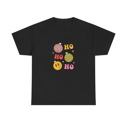 Holiday Ho Ho Ho Graphic Tee — Retro Ornaments & Smiley Face Christmas Shirt