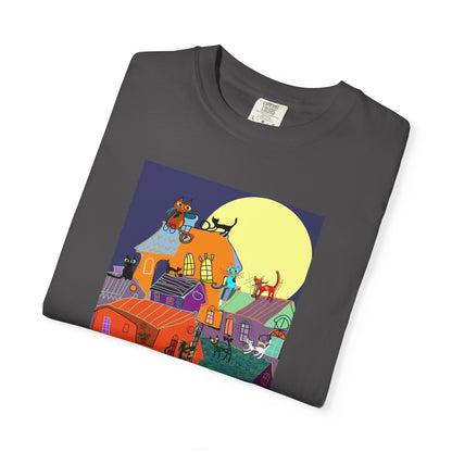 Moonlit Canine Adventure T-Shirt, Unisex Dog Lover Tee, Garment-Dyed Graphic Top, Pet-Themed Gift, Casual Wear
