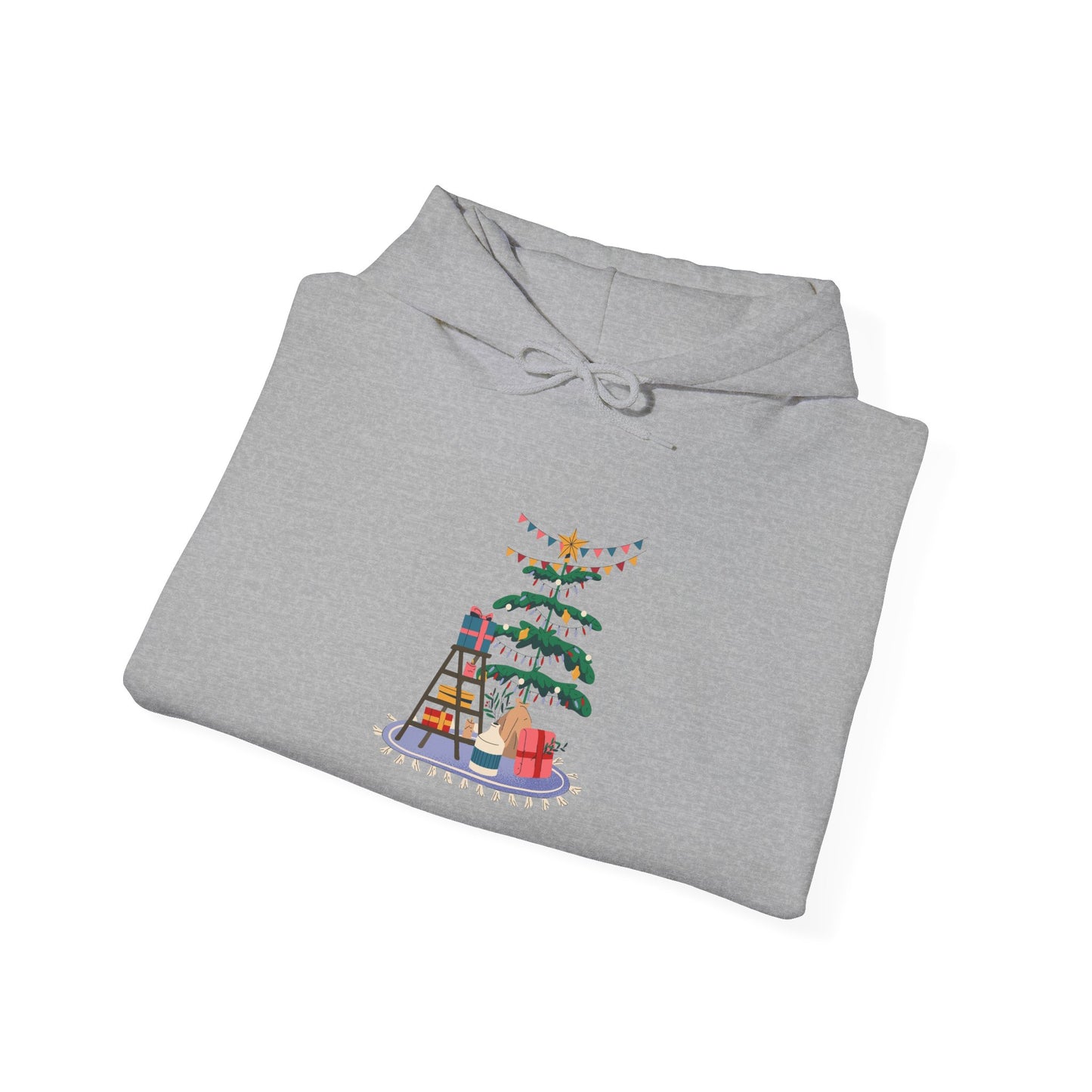 Christmas Tree Decorating Hoodie — Cozy Holiday Scene with Presents & String Lights