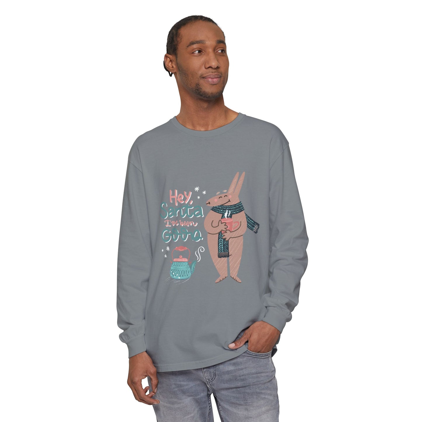 Hey Santa I’ve Been Good Long Sleeve T-Shirt — Cute Bunny Christmas Holiday Top
