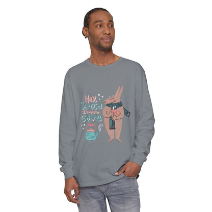 Hey Santa I’ve Been Good Long Sleeve T-Shirt — Cute Bunny Christmas Holiday Top