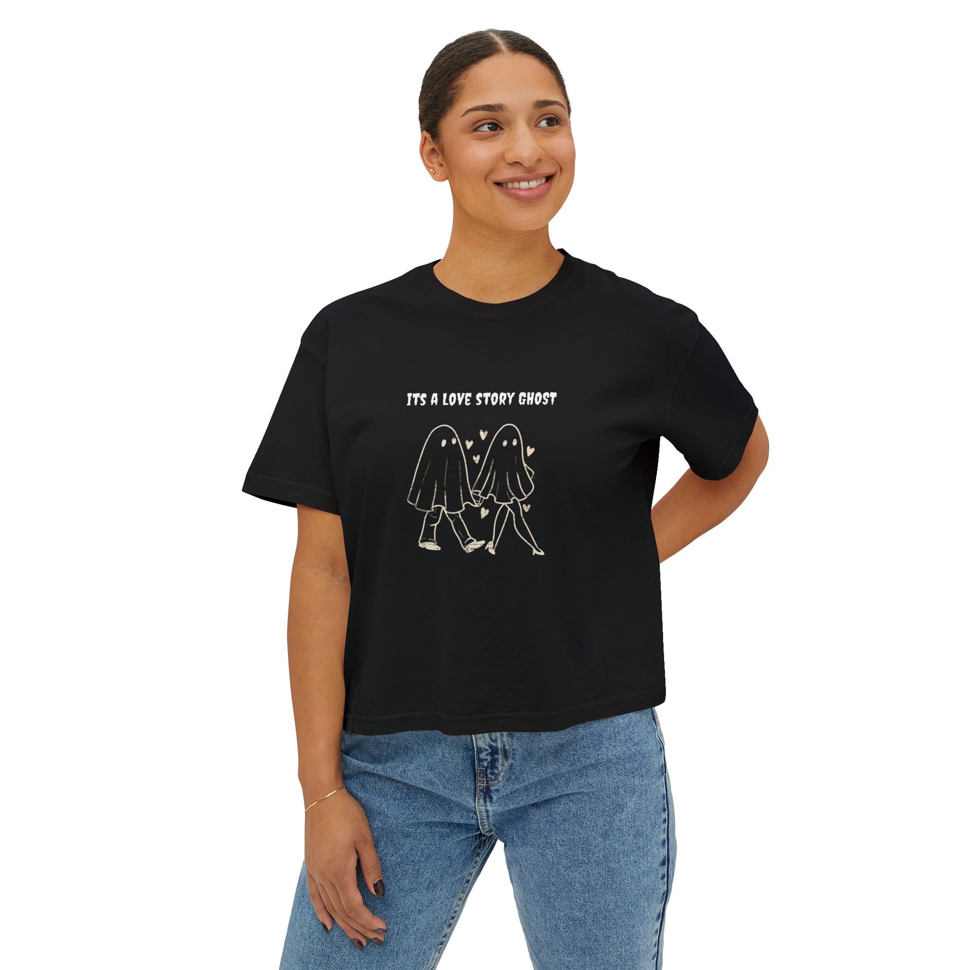 Cute Love Story Ghost Women's Boxy Tee, Fun Casual Top, Halloween Apparel, Gift for Ghost Lovers, Spooky Season Shirt, Relaxed Fit Tee - MaisonThreadory
