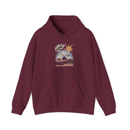 Retro Sunrise Hoodie — "Fire Comes From The Sun" Cozy Sun Graphic Sweatshirt