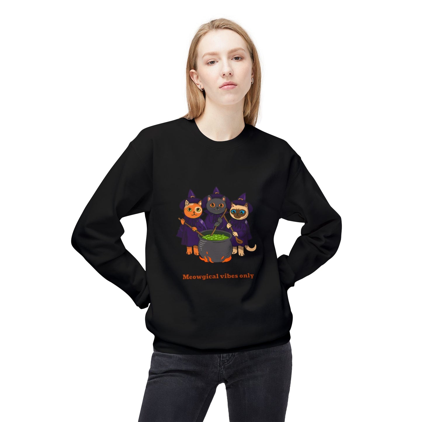 Whimsical Halloween Cat Crewneck Sweatshirt, Cozy Fall Fashion, Pumpkin Spice Sweater, Cute Cat Lovers Gift, Spooky Season Apparel - MaisonThreadory
