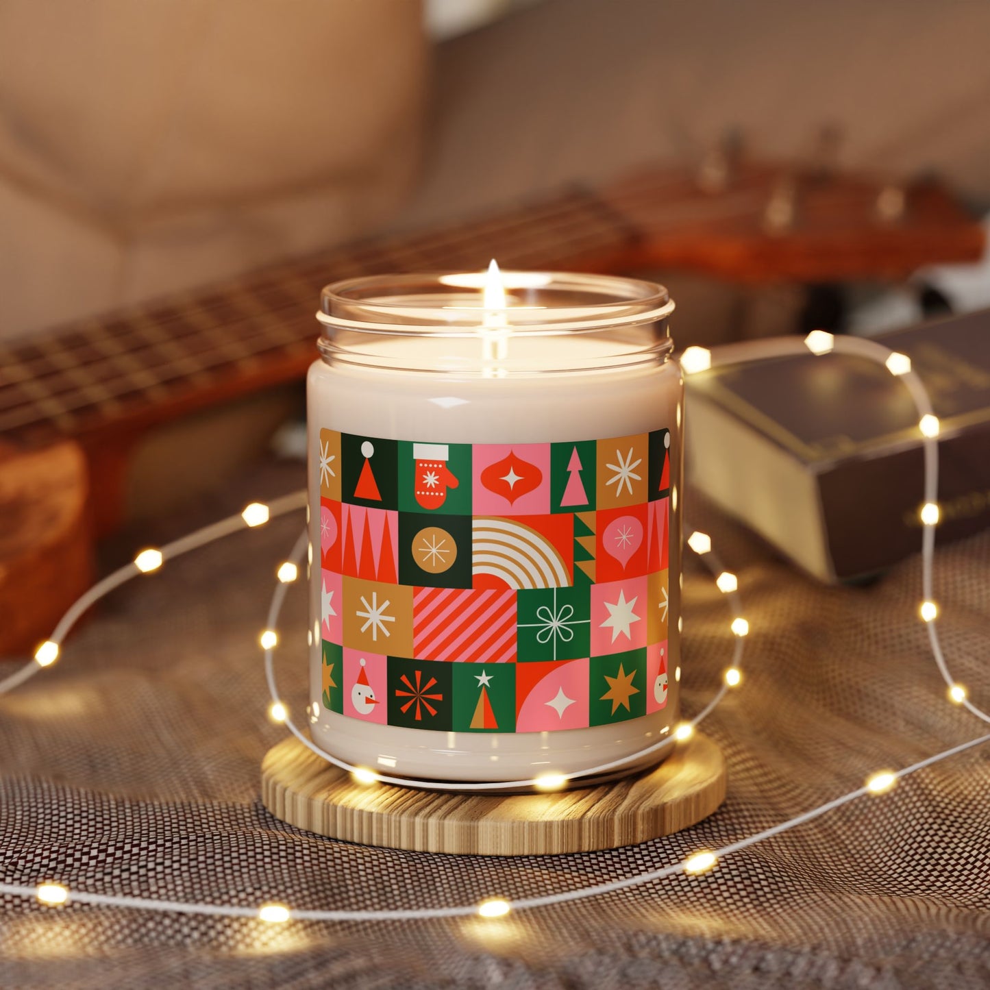 9oz Scented Soy Candle — Warm Spiced Holiday Stars (Red Pattern)