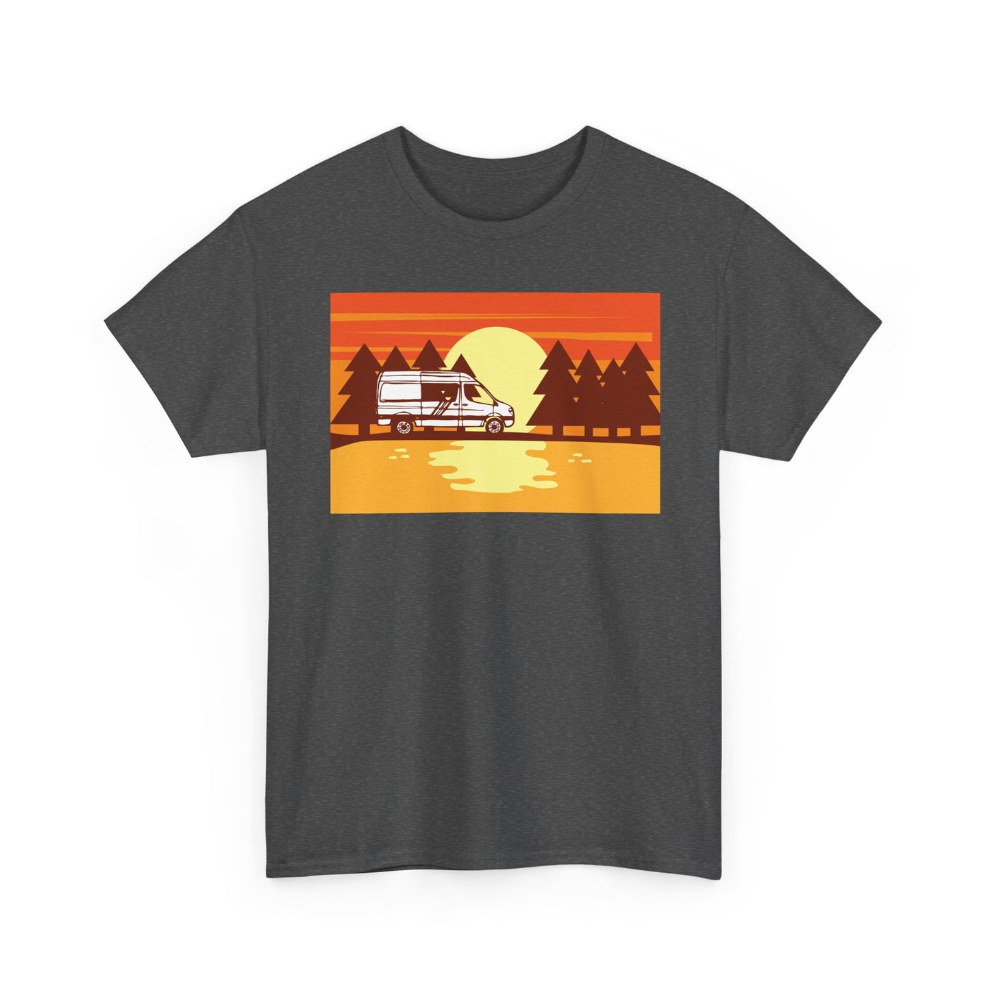 Retro Sunset Camper Unisex Heavy Cotton Tee, Vintage T-Shirt, Camping Apparel, Summer Shirt, Gift for Travel Lovers - MaisonThreadory